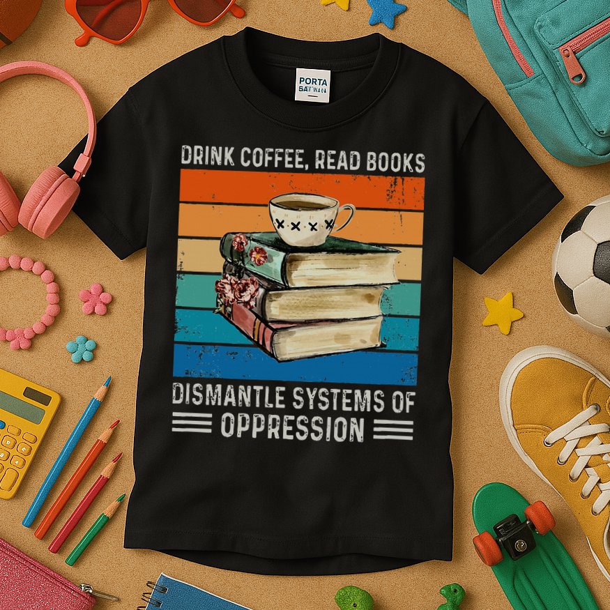 Drink Coffee Read Books Dismantle Systems Of Oppression Kids T-Shirt