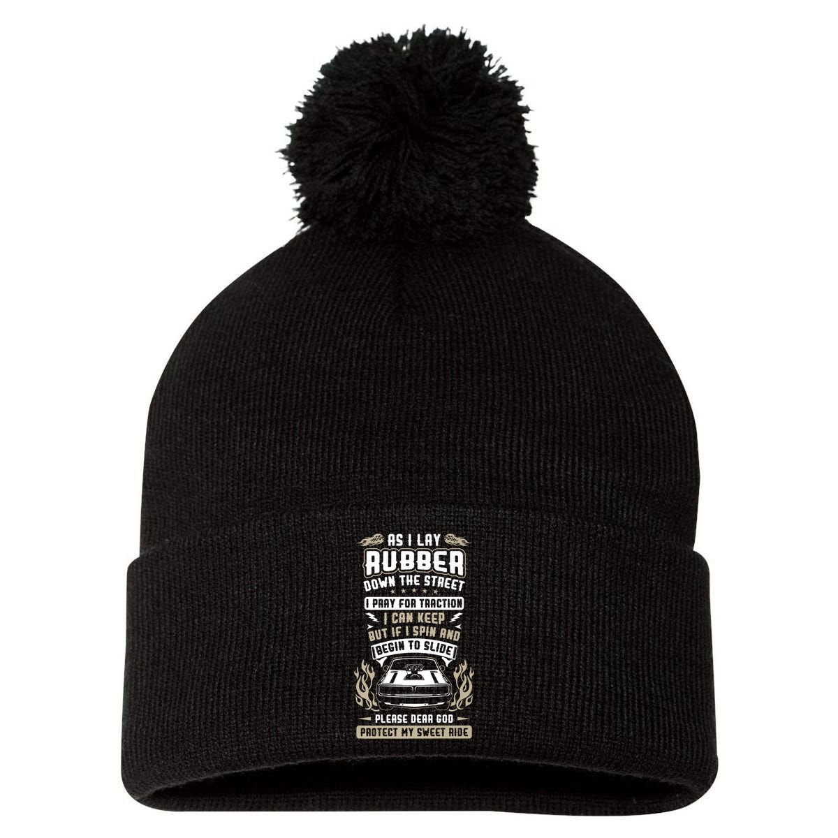 Drag Car Racing Prayer Pom Pom 12in Knit Beanie