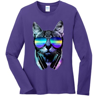 DJ Cat Retro Ladies Long Sleeve Shirt