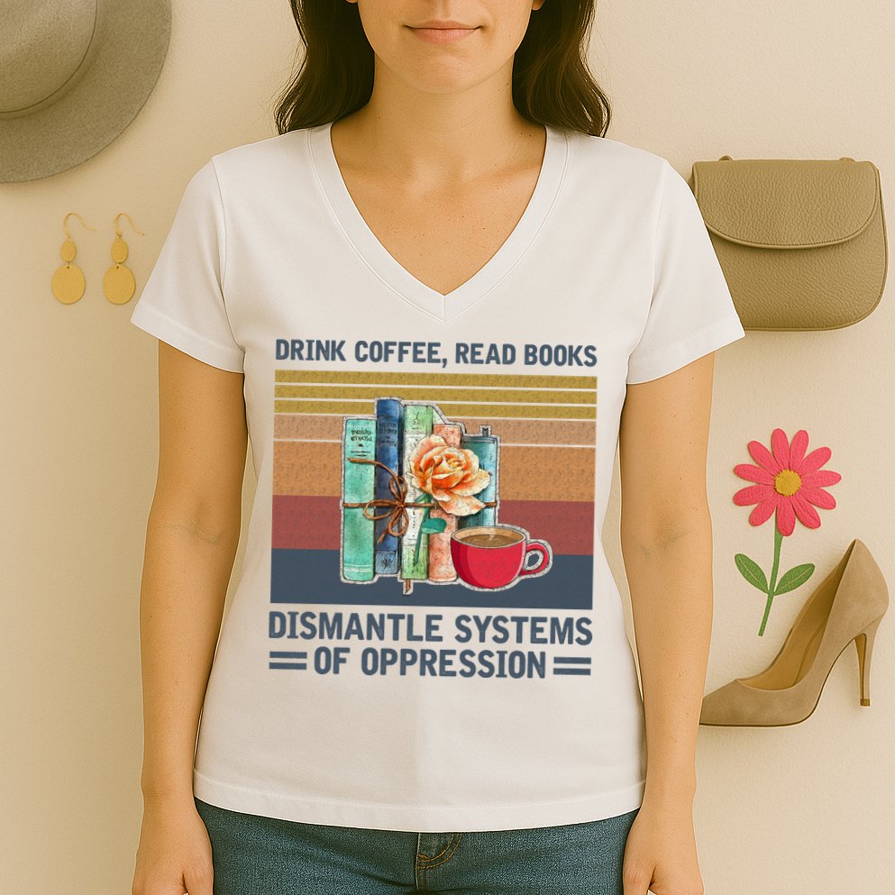 Drink Coffee Read Books Dismantle Systems Of Oppression Women's V-Neck T-Shirt