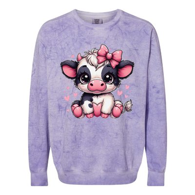 Dairy Cow Sitting Holding Heart Pin.K Coquette Bow Animal Colorblast Crewneck Sweatshirt