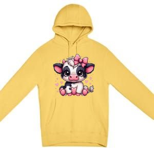 Dairy Cow Sitting Holding Heart Pin.K Coquette Bow Animal Premium Pullover Hoodie