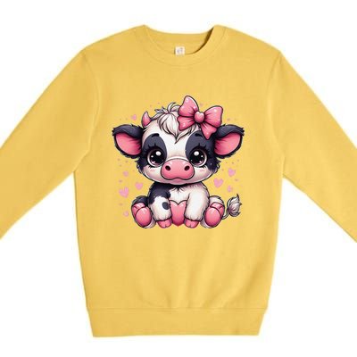 Dairy Cow Sitting Holding Heart Pin.K Coquette Bow Animal Premium Crewneck Sweatshirt