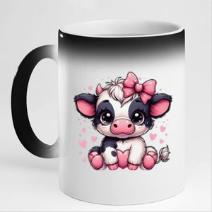 Dairy Cow Sitting Holding Heart Pin.K Coquette Bow Animal 11oz Black Color Changing Mug