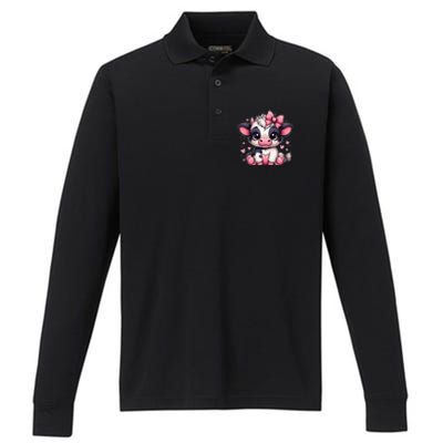 Dairy Cow Sitting Holding Heart Pin.K Coquette Bow Animal Performance Long Sleeve Polo