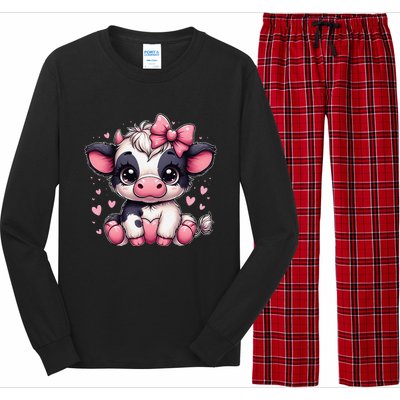 Dairy Cow Sitting Holding Heart Pin.K Coquette Bow Animal Long Sleeve Pajama Set