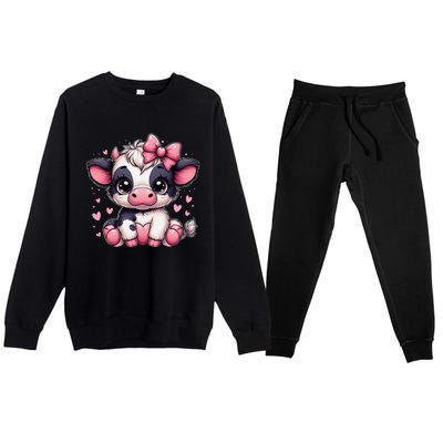 Dairy Cow Sitting Holding Heart Pin.K Coquette Bow Animal Premium Crewneck Sweatsuit Set