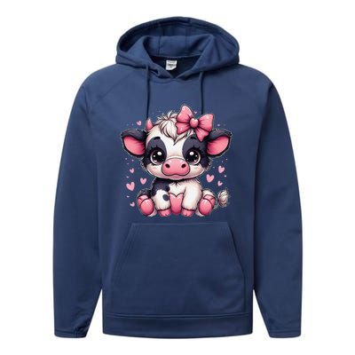 Dairy Cow Sitting Holding Heart Pin.K Coquette Bow Animal Performance Fleece Hoodie