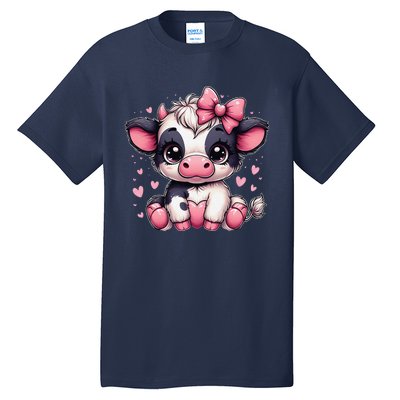 Dairy Cow Sitting Holding Heart Pin.K Coquette Bow Animal Tall T-Shirt