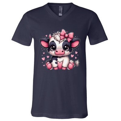 Dairy Cow Sitting Holding Heart Pin.K Coquette Bow Animal V-Neck T-Shirt