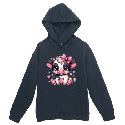 Dairy Cow Sitting Holding Heart Pin.K Coquette Bow Animal Urban Pullover Hoodie