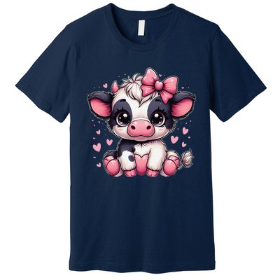 Dairy Cow Sitting Holding Heart Pin.K Coquette Bow Animal Premium T-Shirt