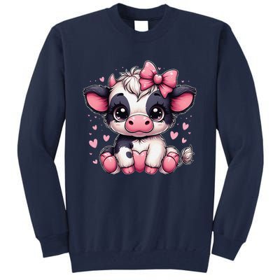 Dairy Cow Sitting Holding Heart Pin.K Coquette Bow Animal Tall Sweatshirt