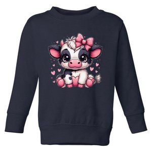 Dairy Cow Sitting Holding Heart Pin.K Coquette Bow Animal Toddler Sweatshirt