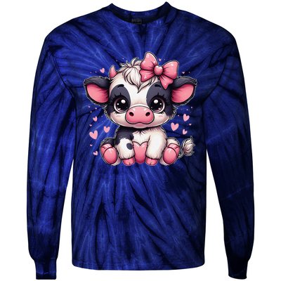 Dairy Cow Sitting Holding Heart Pin.K Coquette Bow Animal Tie-Dye Long Sleeve Shirt