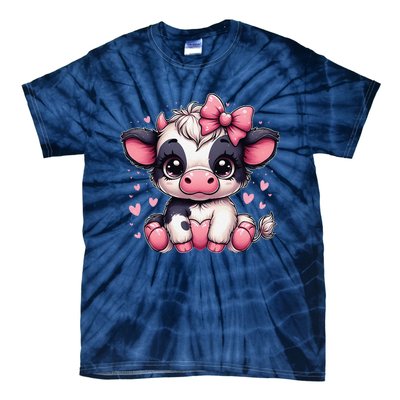 Dairy Cow Sitting Holding Heart Pin.K Coquette Bow Animal Tie-Dye T-Shirt