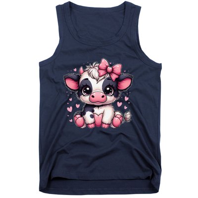 Dairy Cow Sitting Holding Heart Pin.K Coquette Bow Animal Tank Top