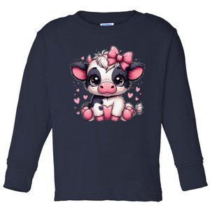 Dairy Cow Sitting Holding Heart Pin.K Coquette Bow Animal Toddler Long Sleeve Shirt