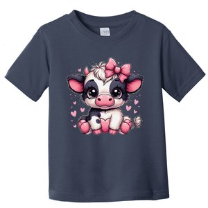 Dairy Cow Sitting Holding Heart Pin.K Coquette Bow Animal Toddler T-Shirt