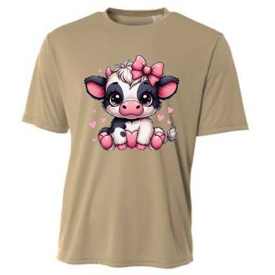 Dairy Cow Sitting Holding Heart Pin.K Coquette Bow Animal Cooling Performance Crew T-Shirt