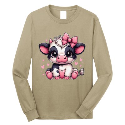 Dairy Cow Sitting Holding Heart Pin.K Coquette Bow Animal Long Sleeve Shirt