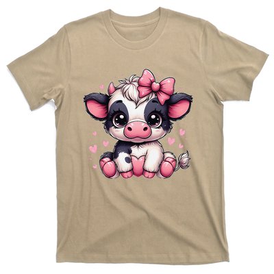 Dairy Cow Sitting Holding Heart Pin.K Coquette Bow Animal T-Shirt