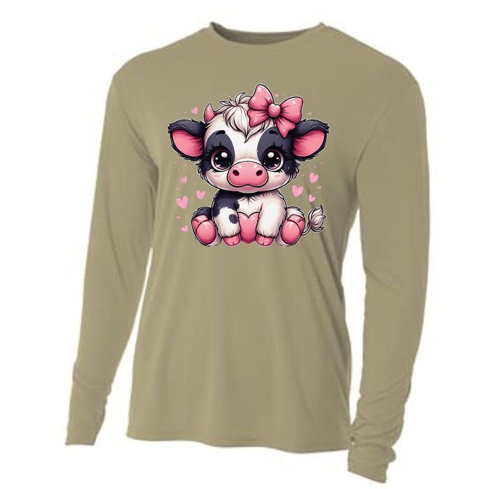 Dairy Cow Sitting Holding Heart Pin.K Coquette Bow Animal Cooling Performance Long Sleeve Crew