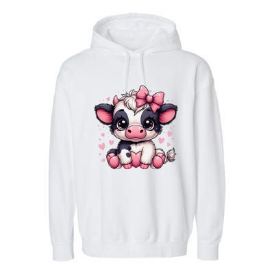 Dairy Cow Sitting Holding Heart Pin.K Coquette Bow Animal Garment-Dyed Fleece Hoodie