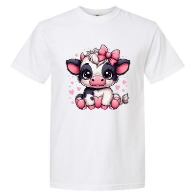 Dairy Cow Sitting Holding Heart Pin.K Coquette Bow Animal Garment-Dyed Heavyweight T-Shirt