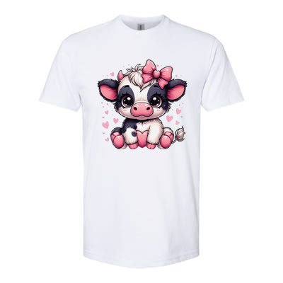 Dairy Cow Sitting Holding Heart Pin.K Coquette Bow Animal Softstyle CVC T-Shirt