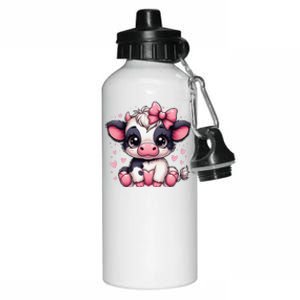 Dairy Cow Sitting Holding Heart Pin.K Coquette Bow Animal Aluminum Water Bottle