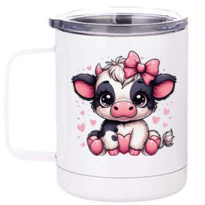 Dairy Cow Sitting Holding Heart Pin.K Coquette Bow Animal 12 oz Stainless Steel Tumbler Cup