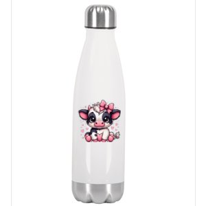 Dairy Cow Sitting Holding Heart Pin.K Coquette Bow Animal Stainless Steel Insulated Water Bottle