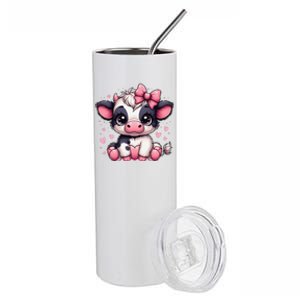 Dairy Cow Sitting Holding Heart Pin.K Coquette Bow Animal Stainless Steel Tumbler