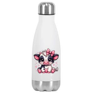 Dairy Cow Sitting Holding Heart Pin.K Coquette Bow Animal Stainless Steel Insulated Water Bottle