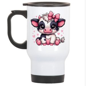 Dairy Cow Sitting Holding Heart Pin.K Coquette Bow Animal Stainless Steel Travel Mug