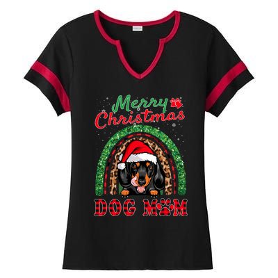 Dachshund Christmas Santa Hat Dog Mom Boho Rainbow Xmas Great Gift Ladies Halftime Notch Neck Tee