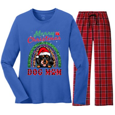 Dachshund Christmas Santa Hat Dog Mom Boho Rainbow Xmas Great Gift Women's Long Sleeve Flannel Pajama Set 