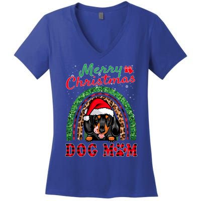 Dachshund Christmas Santa Hat Dog Mom Boho Rainbow Xmas Great Gift Women's V-Neck T-Shirt