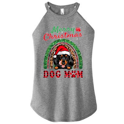 Dachshund Christmas Santa Hat Dog Mom Boho Rainbow Xmas Great Gift Women's Perfect Tri Rocker Tank