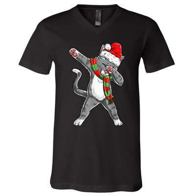 Dabbing Cat Santa Christmas Gift Kid Boy Girls Catmas Xmas V-Neck T-Shirt