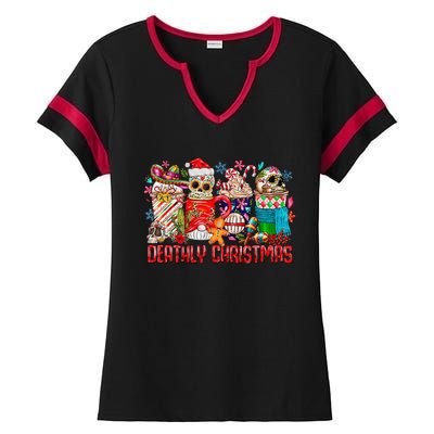 Deathly Christmas Sugar Skull And Coffee Cups Xmas Holiday Ladies Halftime Notch Neck Tee