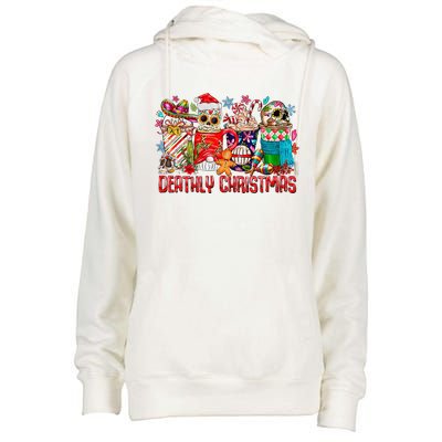 Deathly Christmas Sugar Skull And Coffee Cups Xmas Holiday Womens Funnel Neck Pullover Hood