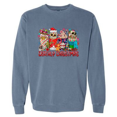 Deathly Christmas Sugar Skull And Coffee Cups Xmas Holiday Garment-Dyed Sweatshirt