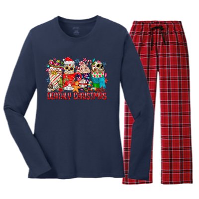 Deathly Christmas Sugar Skull And Coffee Cups Xmas Holiday Women's Long Sleeve Flannel Pajama Set 