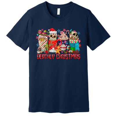 Deathly Christmas Sugar Skull And Coffee Cups Xmas Holiday Premium T-Shirt