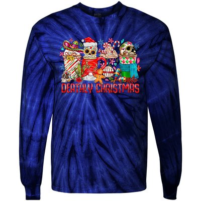 Deathly Christmas Sugar Skull And Coffee Cups Xmas Holiday Tie-Dye Long Sleeve Shirt