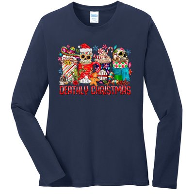 Deathly Christmas Sugar Skull And Coffee Cups Xmas Holiday Ladies Long Sleeve Shirt