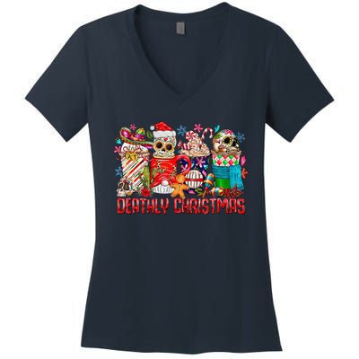 Deathly Christmas Sugar Skull And Coffee Cups Xmas Holiday Women's V-Neck T-Shirt