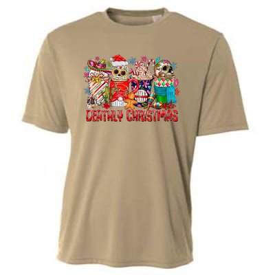 Deathly Christmas Sugar Skull And Coffee Cups Xmas Holiday Cooling Performance Crew T-Shirt